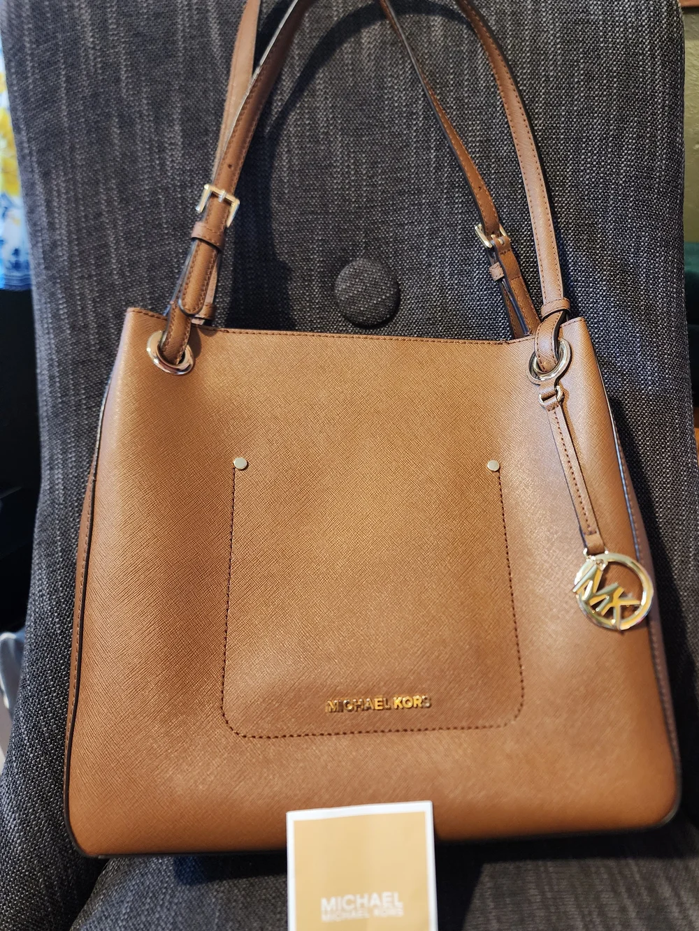 Michael Kors Camel Brown Leather Shoulder Bag with Gold Logo Charm